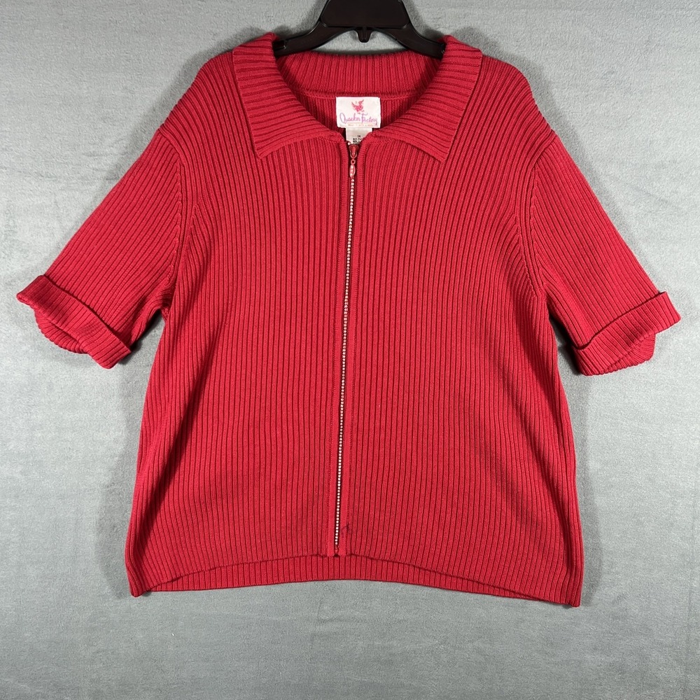 Quacker Factory Red Ribbed Full Zip Sweater Cardigan Women's 1X Plus Size